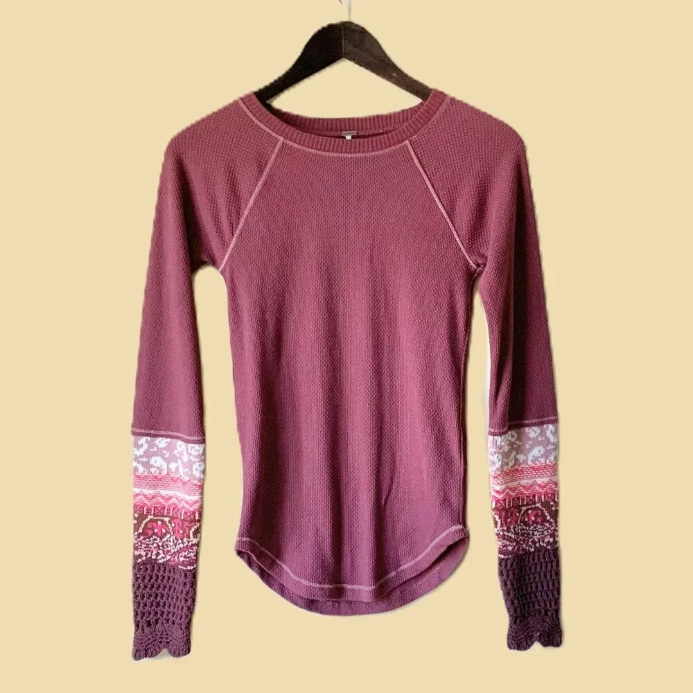 EUC Free People In The Mix Crochet Sleeve Top, Small, Rio Vino (Burgundy)